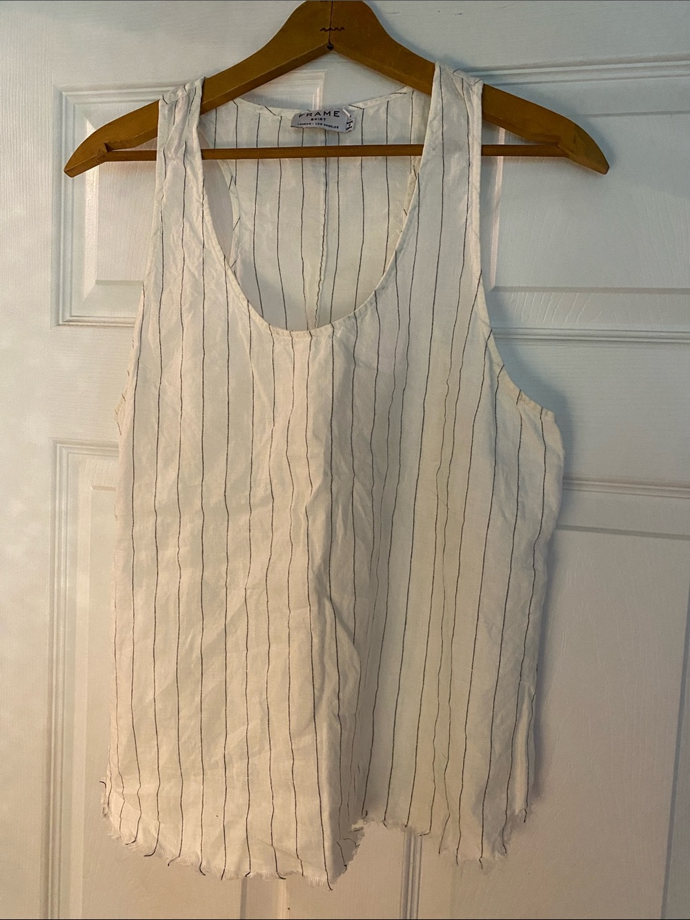 Frame Denim Cream Linen Tank Top w Thin Black Pinstripes Large VGUC